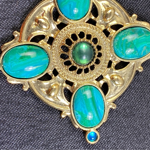 Vintage 1928 Chain Necklace Gold Tone Faux Pearl & Blue Green Cabochons 28" - Picture 7 of 12